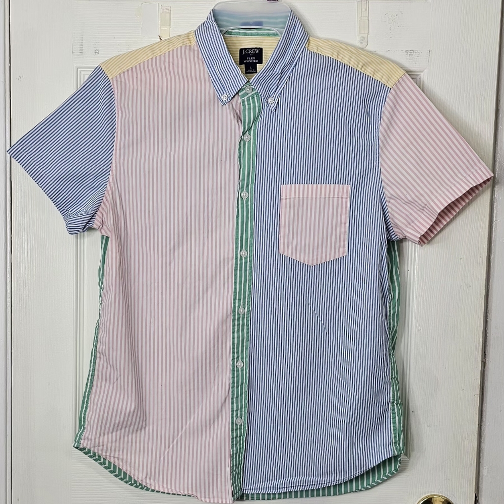 J.Crew Men's L Slim Fit Fun Stripe Multi-Color Short Sleeve Button Down Shirt 80